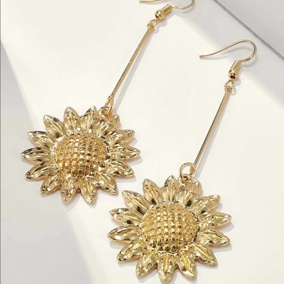 Gold Sunflower Drop Earrings - Picture 4 of 5